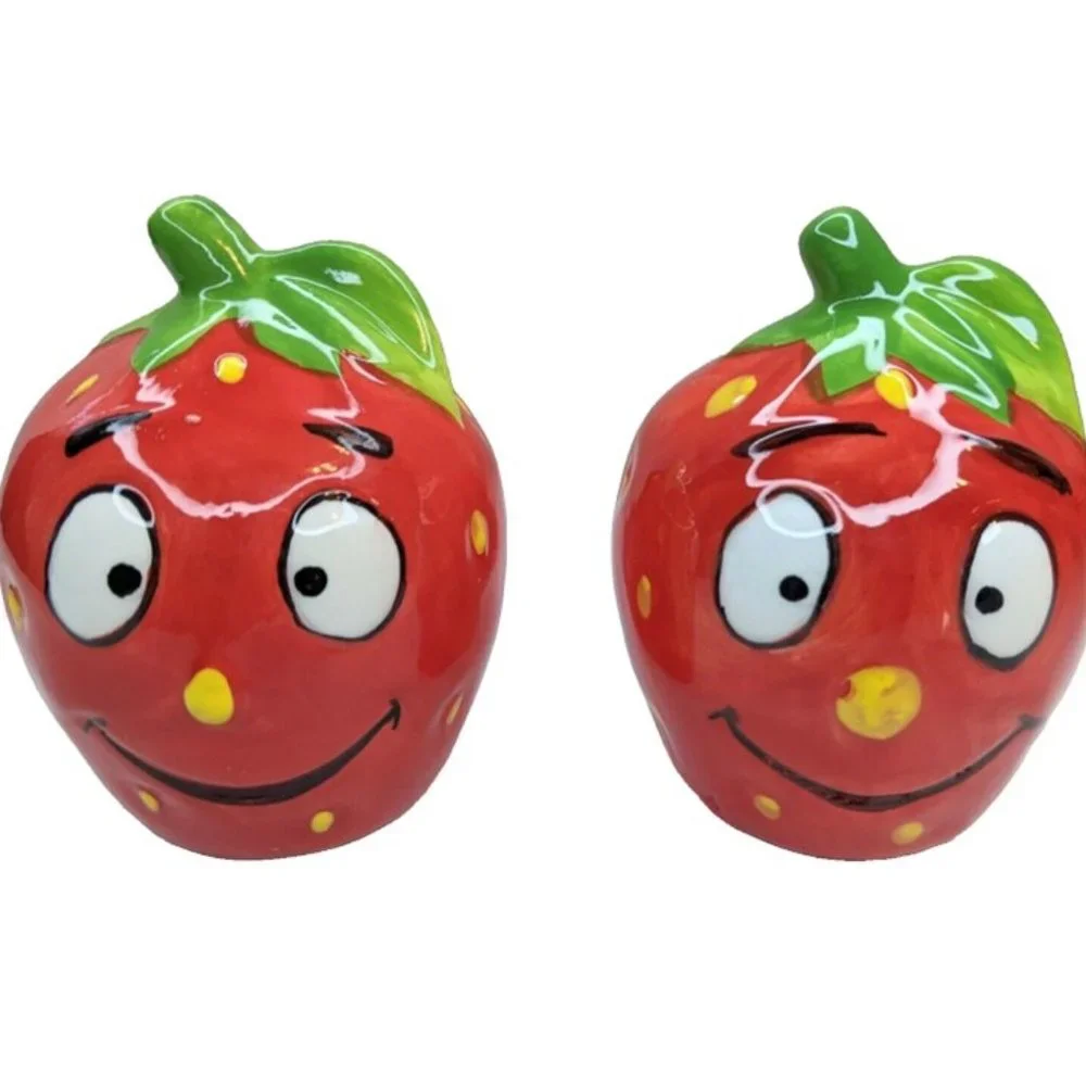 STRAWBERRY Ceramic Salt & Pepper Shakers Happy FACE Super Cute Hand Painted Gift